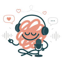 Personaje meditando con audífonos y micrófono